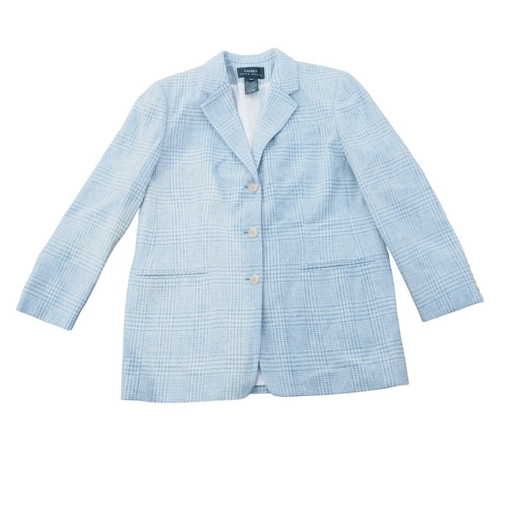 Lauren Ralph Lauren VTG Houndstooth Wool Blazer Women's 14W Light Blue / White